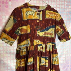 Vintage Handmade Safari Zoo Animal Print 1/4 Button Up Long Dress